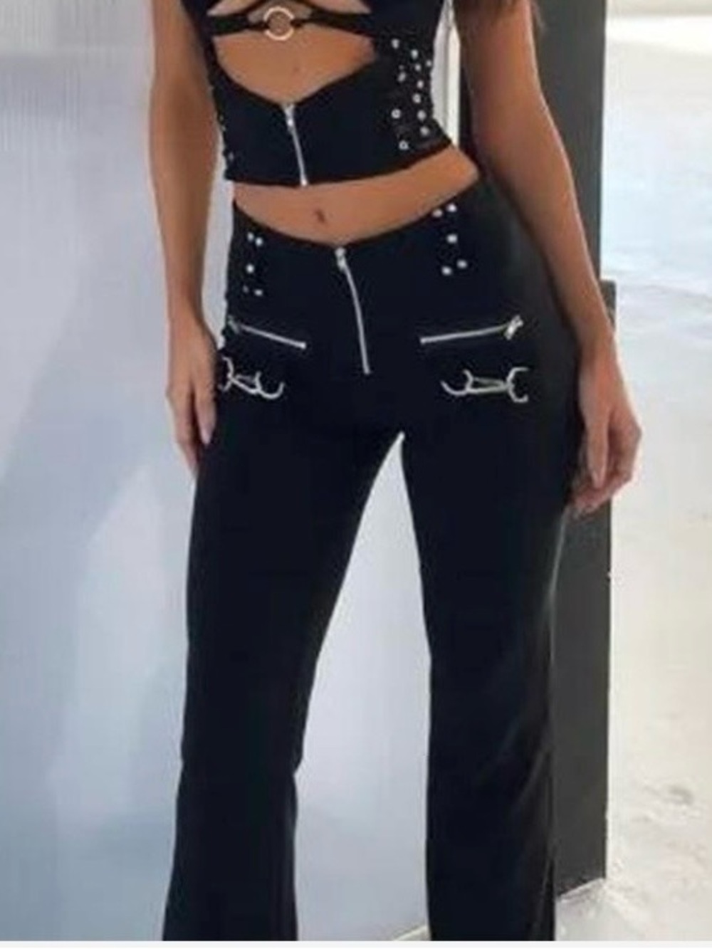 Black Boot-Cut Pants with Front Zip & Decorative Hardware